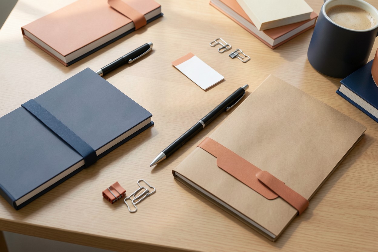 Cuadernos, sobres y útiles de oficina sobre un escritorio